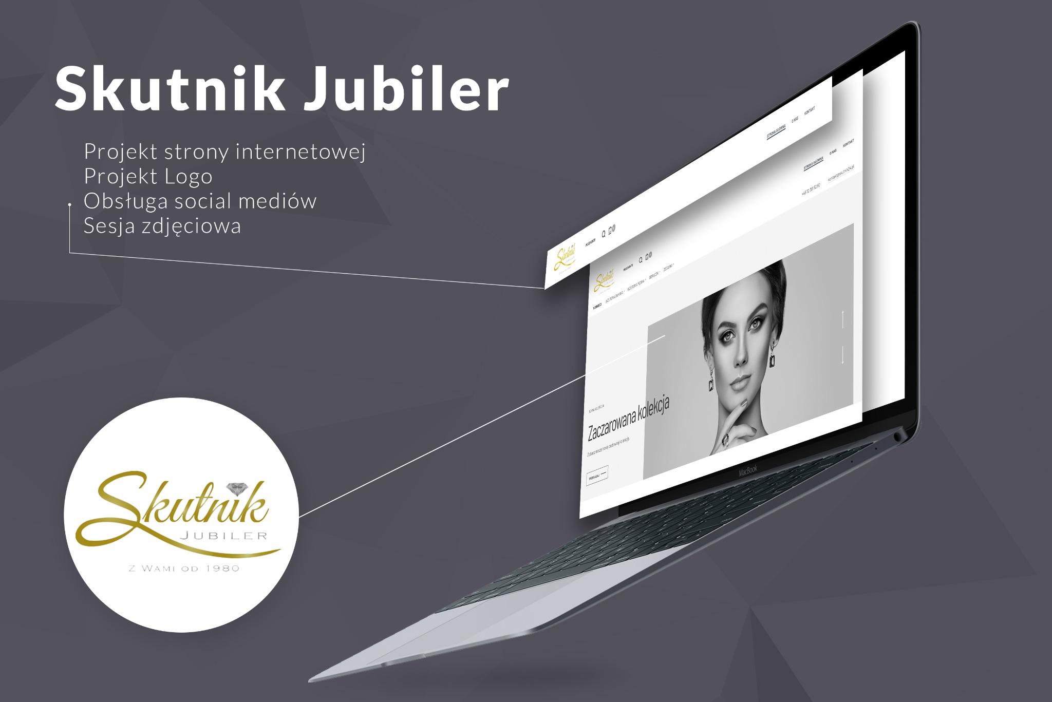 Laptop MacBook wyświetlający stronę internetową firmy jubilerskiej Skutnik Jubiler z logo w lewym dolnym rogu i informacją o projekcie strony, logo, obsłudze social mediów i sesji zdjęciowej.
