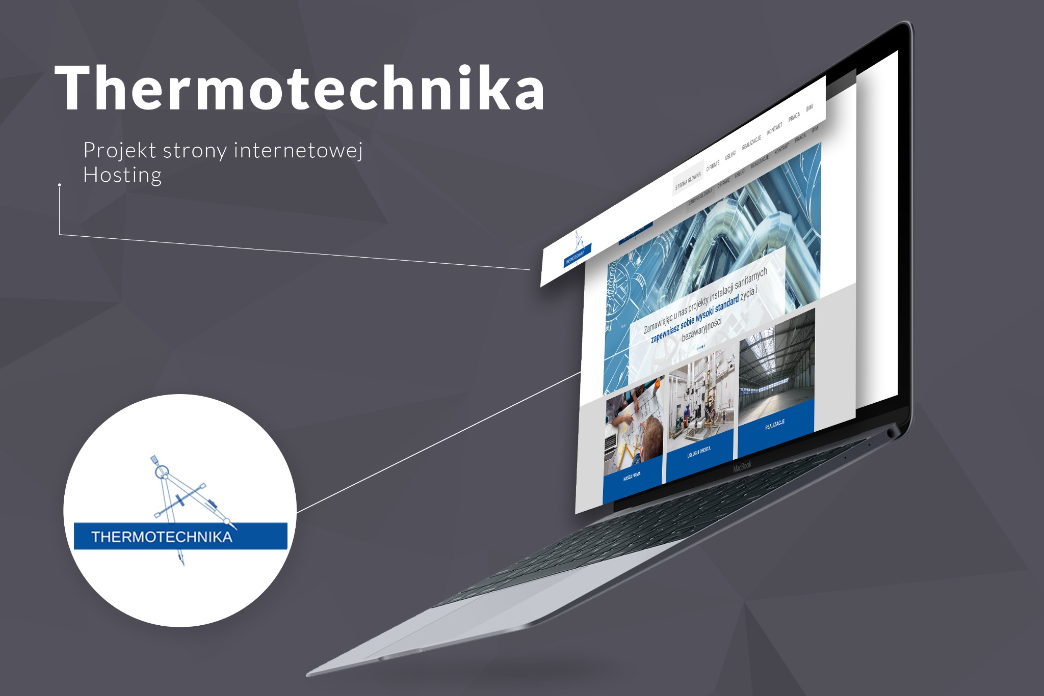 Laptop MacBook prezentujący stronę internetową firmy Thermotechnika z elementami instalacji sanitarnych na stronie głównej, widoczne logo firmy w lewym dolnym rogu.