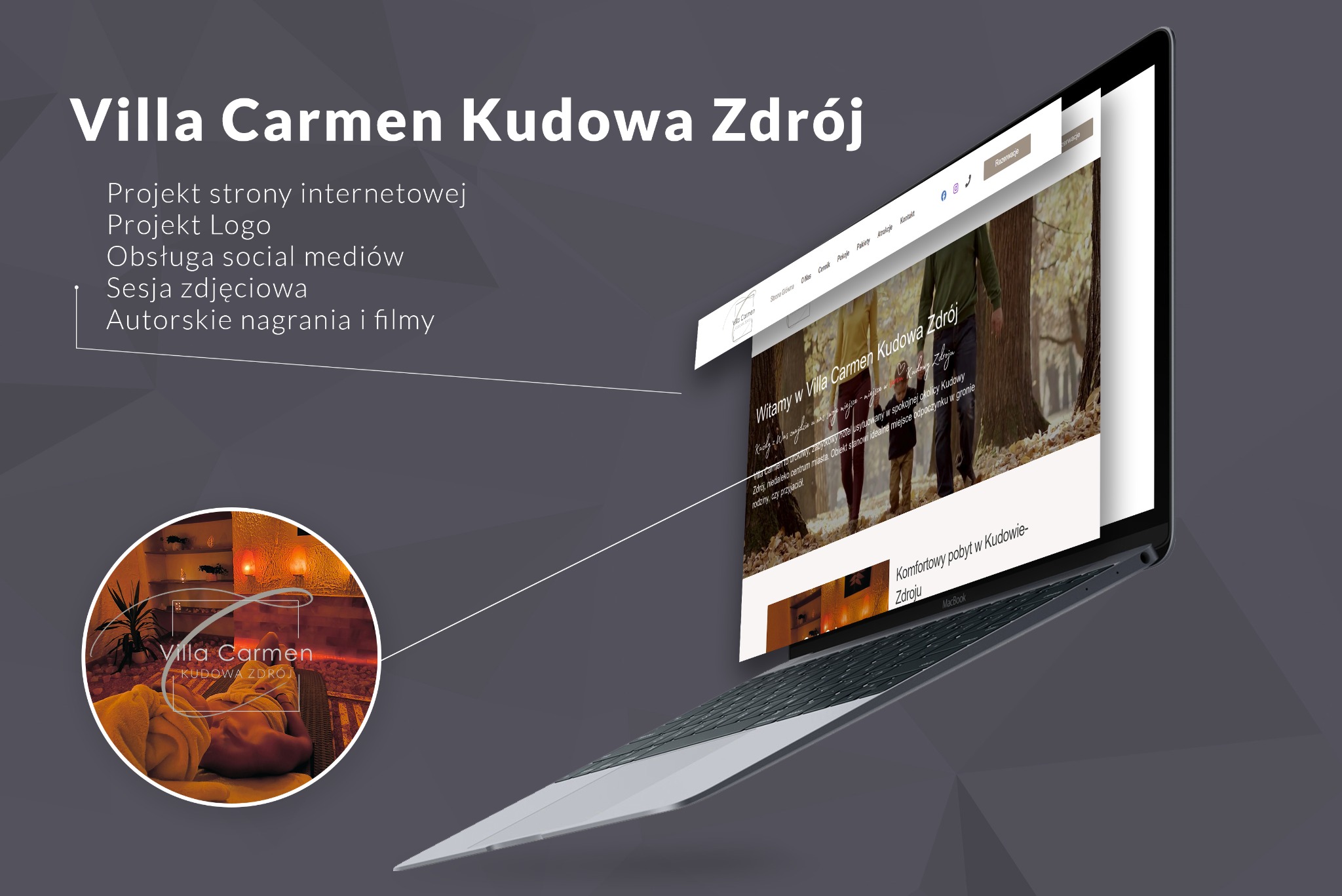 Ekran laptopa Macbook prezentuje stronę internetową Villa Carmen Kudowa Zdrój, z widocznym logo i zdjęciem rodziny na tle jesiennego lasu, w tle grafika z logo Villa Carmen na tle wnętrza spa.