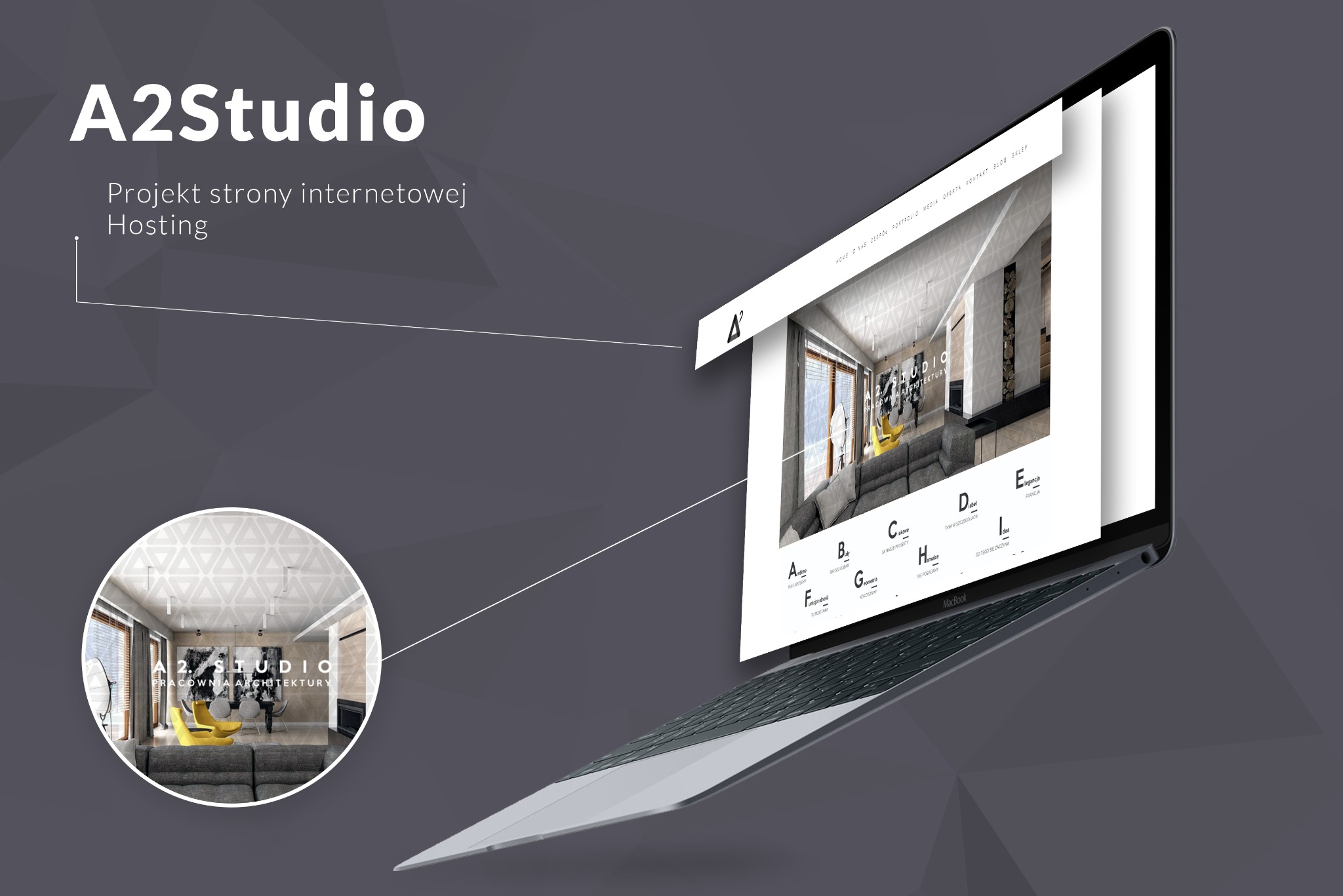 Laptop MacBook prezentujący projekt strony internetowej pracowni architektonicznej A2Studio, z wizualizacją wnętrza mieszkania w tle.
