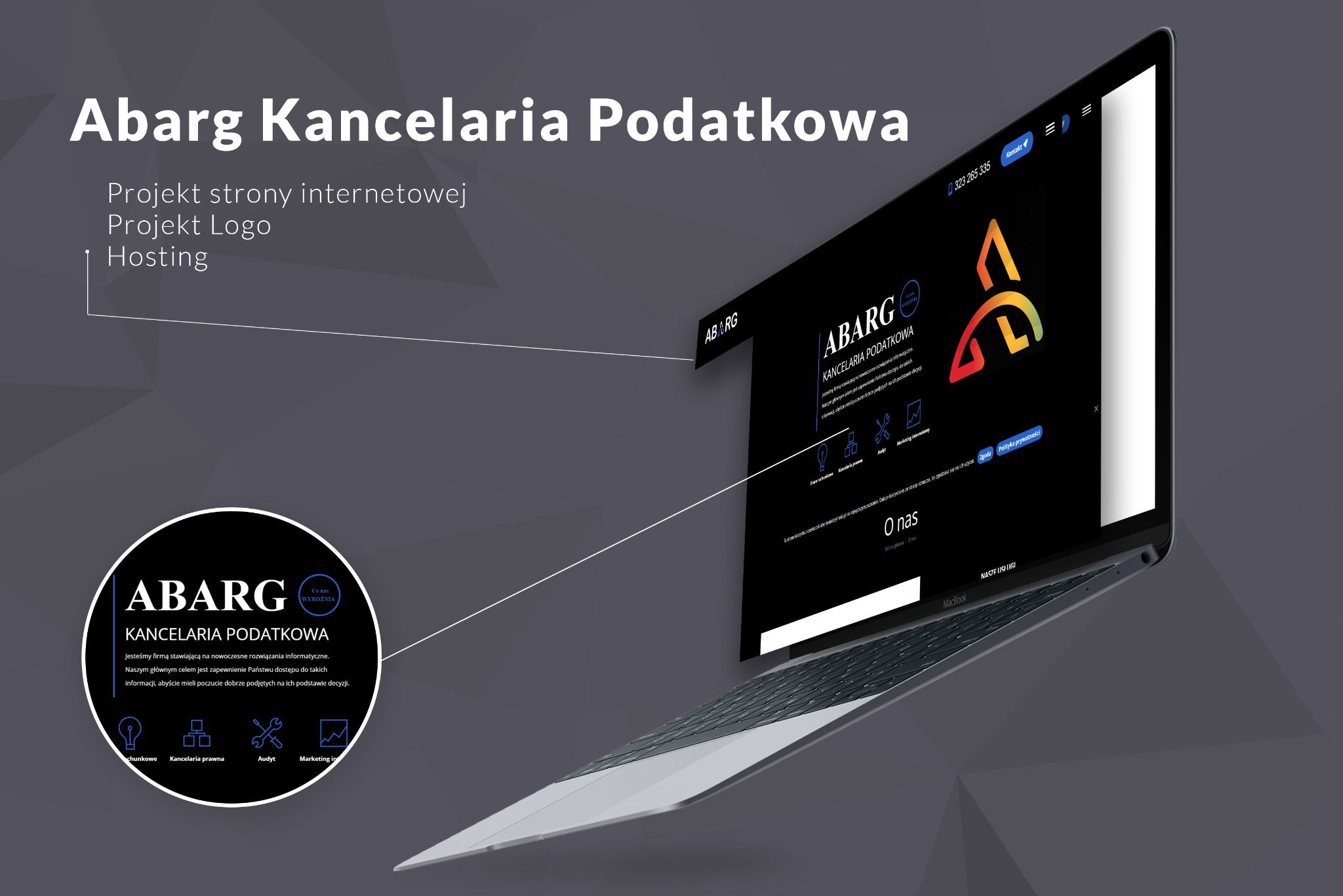 Projekt strony internetowej dla Abarg Kancelaria Podatkowa, widoczny na ekranie laptopa Macbook, z elementami identyfikacji wizualnej i logo.