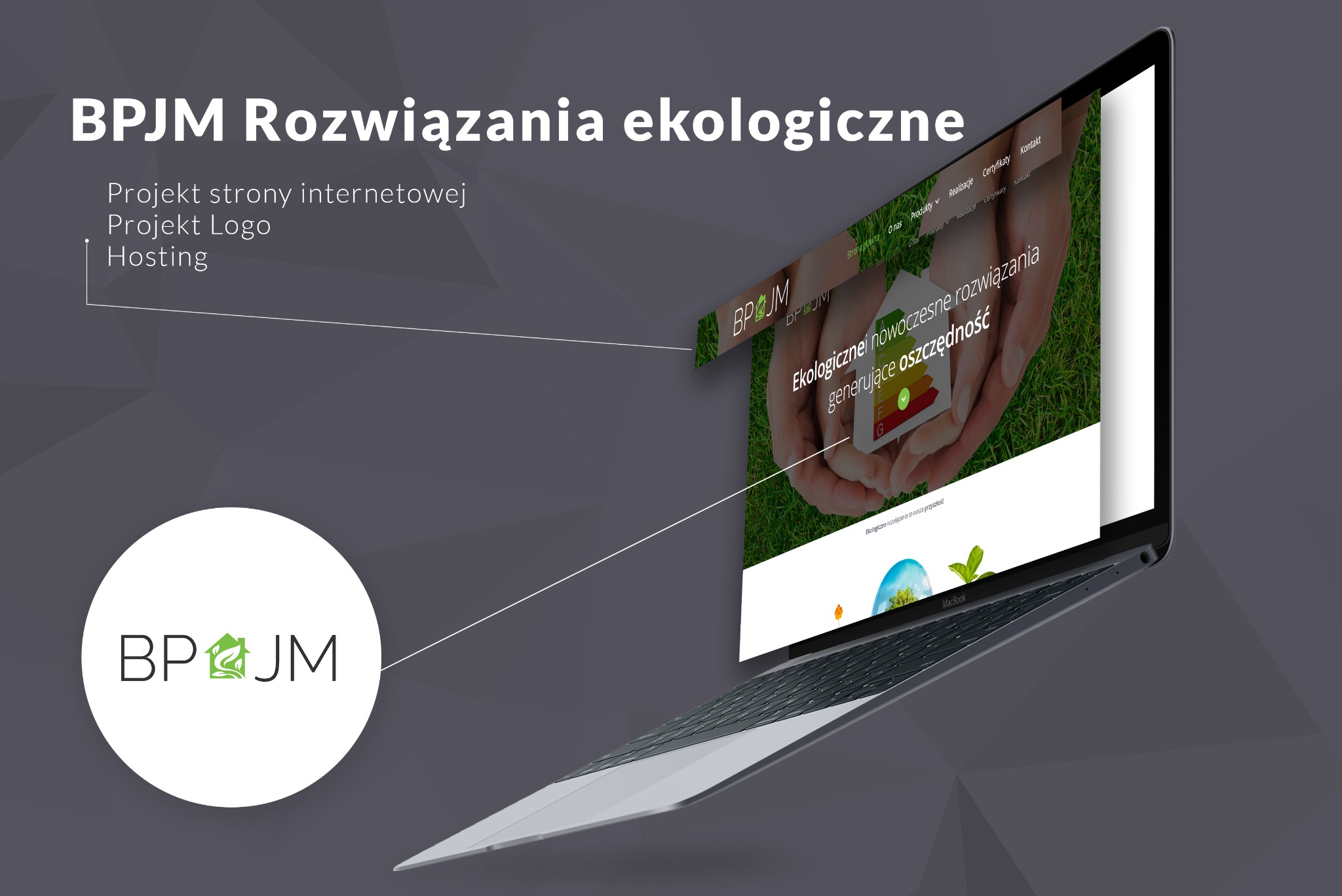 Laptop MacBook prezentujący stronę internetową BPJM Rozwiązania ekologiczne z logo firmy, ukazującą nowoczesne rozwiązania generujące oszczędność, z elementami graficznymi nawiązującymi do ekologii.