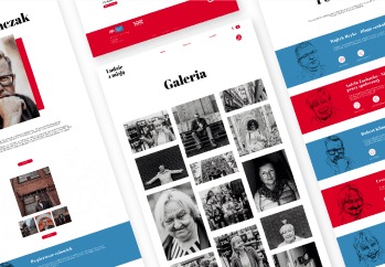 Widok ekranu komputera prezentujący responsywny układ strony internetowej z galerią zdjęć portretowych. Strona utrzymana w biało-czerwono-niebieskiej kolorystyce, z wyraźnym nagłówkiem i sekcją...