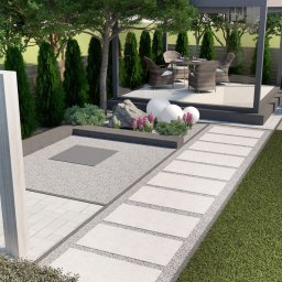 Projekt drugiej części ogrodu, miejsce na altanę, palenisko i huśtawkę.