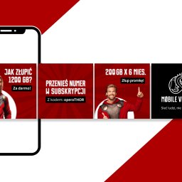 Na Wczoraj - Reklama mobilnej sieci w formie karuzeli wewnątrz obudowy smartfona, oferująca pakiety danych i możliwość przeniesienia numeru z kodem promocyjnym.