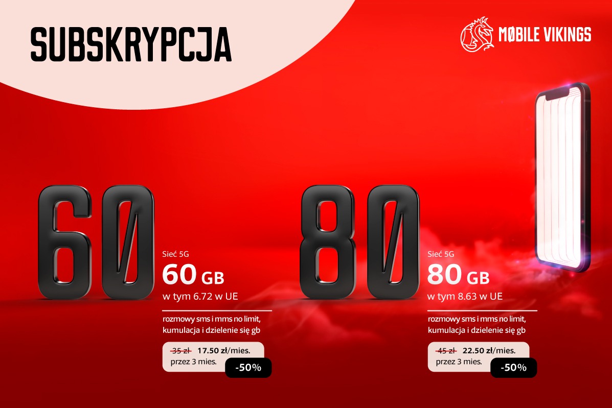 Promocja subskrypcji na usługi telekomunikacyjne Mobile Vikings: 60 GB i 80 GB transferu danych w sieci 5G, z informacją o cenie i rabacie -50% na czerwonym tle z renderowanym smartfonem.