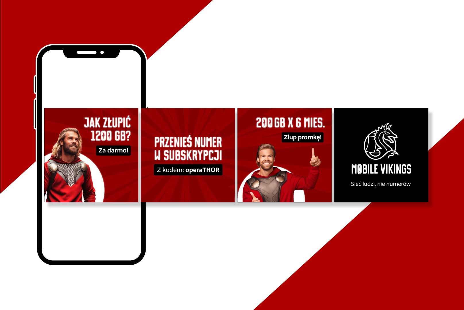 Reklama mobilnej sieci w formie karuzeli wewnątrz obudowy smartfona, oferująca pakiety danych i możliwość przeniesienia numeru z kodem promocyjnym.