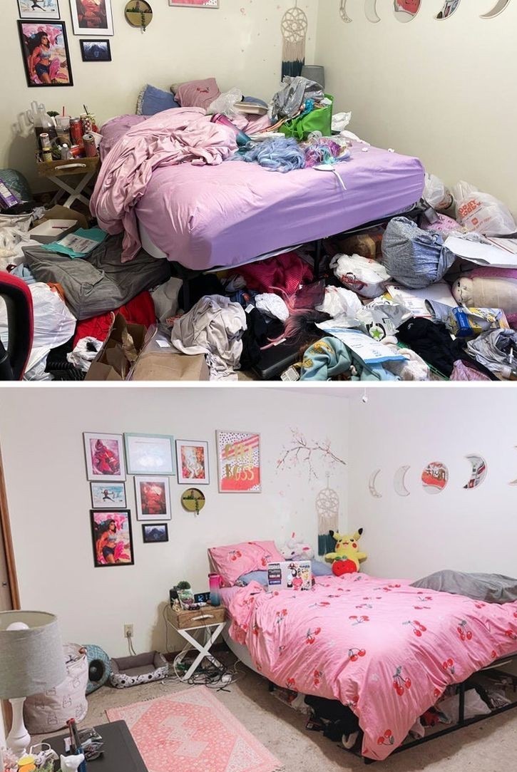 Pokój przed i po sprzątaniu: na górnym ujęciu zagracone łóżko, stolik i podłoga, na dolnym ujęciu posprzątane łóżko z różową pościelą w wisienki, dywanik i dekoracje na ścianie.