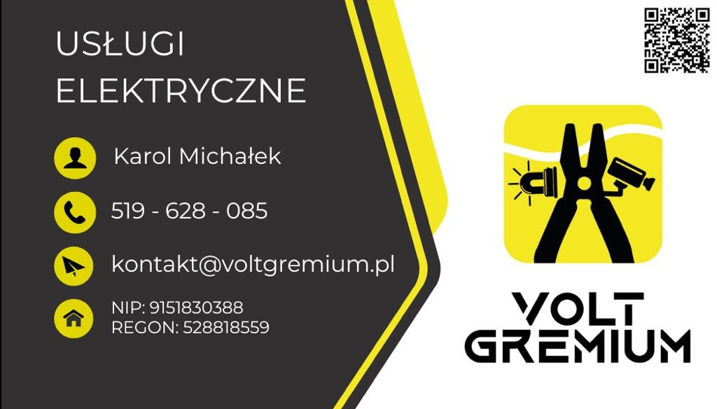 Wizytówka firmy elektrycznej Volt Gremium, z danymi kontaktowymi, numerem telefonu, adresem e-mail, NIP, REGON i kodem QR oraz logo przedstawiającym szczypce, kamerę i lampę.