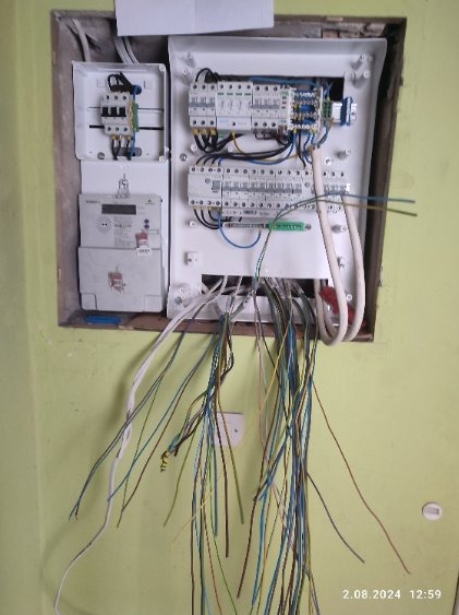 Niedokończona instalacja elektryczna: skrzynka z bezpiecznikami, licznikiem i zwisającymi przewodami na zielonej ścianie. Widoczne elementy łączeniowe i zabezpieczenia.