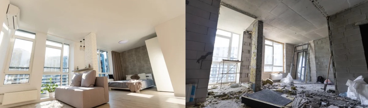 Zestawienie: wykończone wnętrze z jasną podłogą, kanapą i łóżkiem, kontrastujące z surowym stanem deweloperskim z widocznymi pustakami i gruzem.