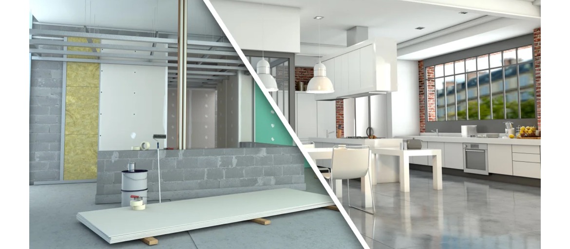 Koncepcja remontu kuchni: po lewej surowy stan z odsłoniętą izolacją i konstrukcją metalową, po prawej wizualizacja nowoczesnej, białej kuchni z ceglaną ścianą i dużym oknem.