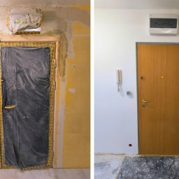 Mar-Gips - Porównanie stanu przed i po: zabezpieczone folią drzwi wejściowe w trakcie prac remontowych i odnowione drzwi po zakończeniu prac, z pomalowaną ścianą na biało.
