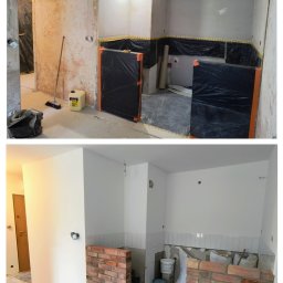 Mar-Gips - Dwa ujęcia tego samego pomieszczenia: górne przedstawia stan surowy z przygotowaniem do prac, folią zabezpieczającą i narzędziami; dolne ukazuje postęp prac z pomalowanymi ścianami, ułożonymi...