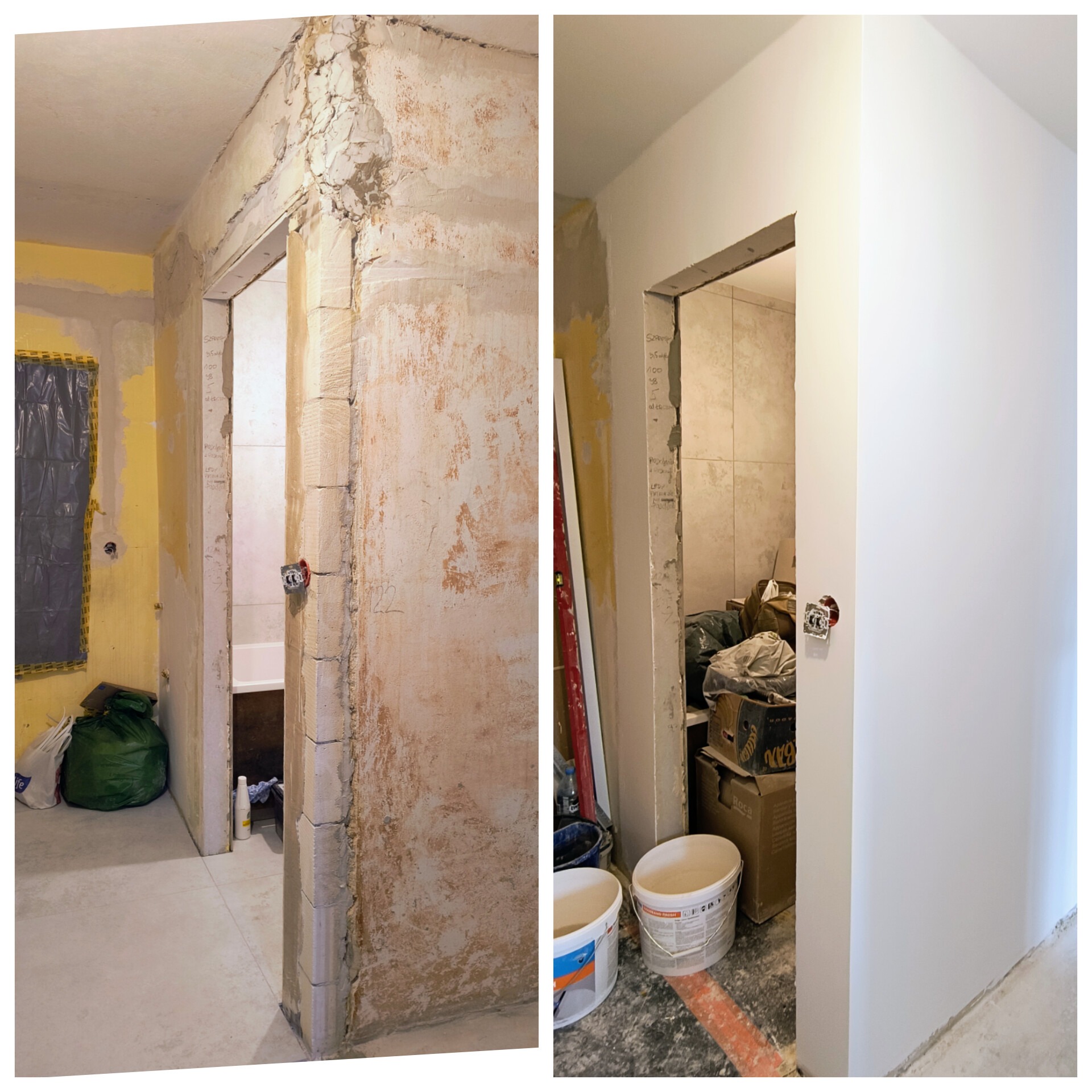 Porównanie stanu ściany przed i po szpachlowaniu i malowaniu, widoczne puszki z farbą, ściana po prawej stronie gładka i biała, po lewej surowa ściana przed remontem z widocznymi instalacjami...