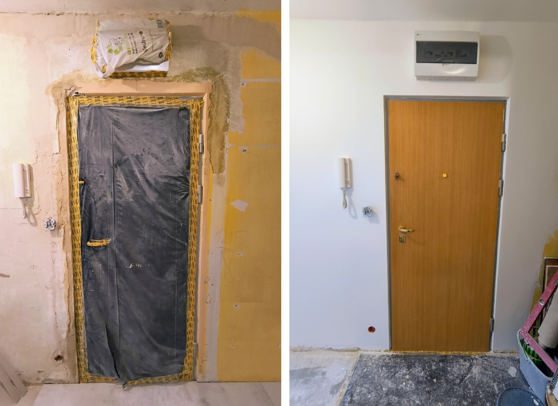 Porównanie stanu przed i po: zabezpieczone folią drzwi wejściowe w trakcie prac remontowych i odnowione drzwi po zakończeniu prac, z pomalowaną ścianą na biało.