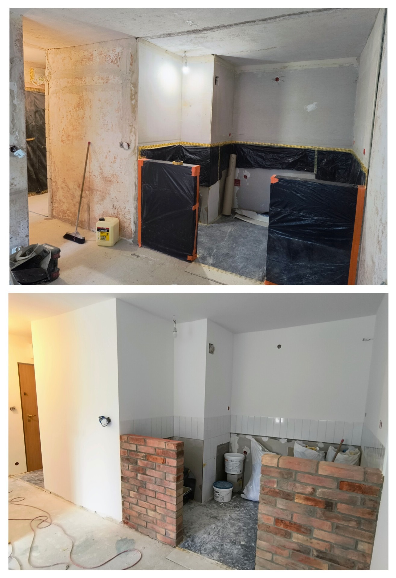 Dwa ujęcia tego samego pomieszczenia: górne przedstawia stan surowy z przygotowaniem do prac, folią zabezpieczającą i narzędziami; dolne ukazuje postęp prac z pomalowanymi ścianami, ułożonymi...