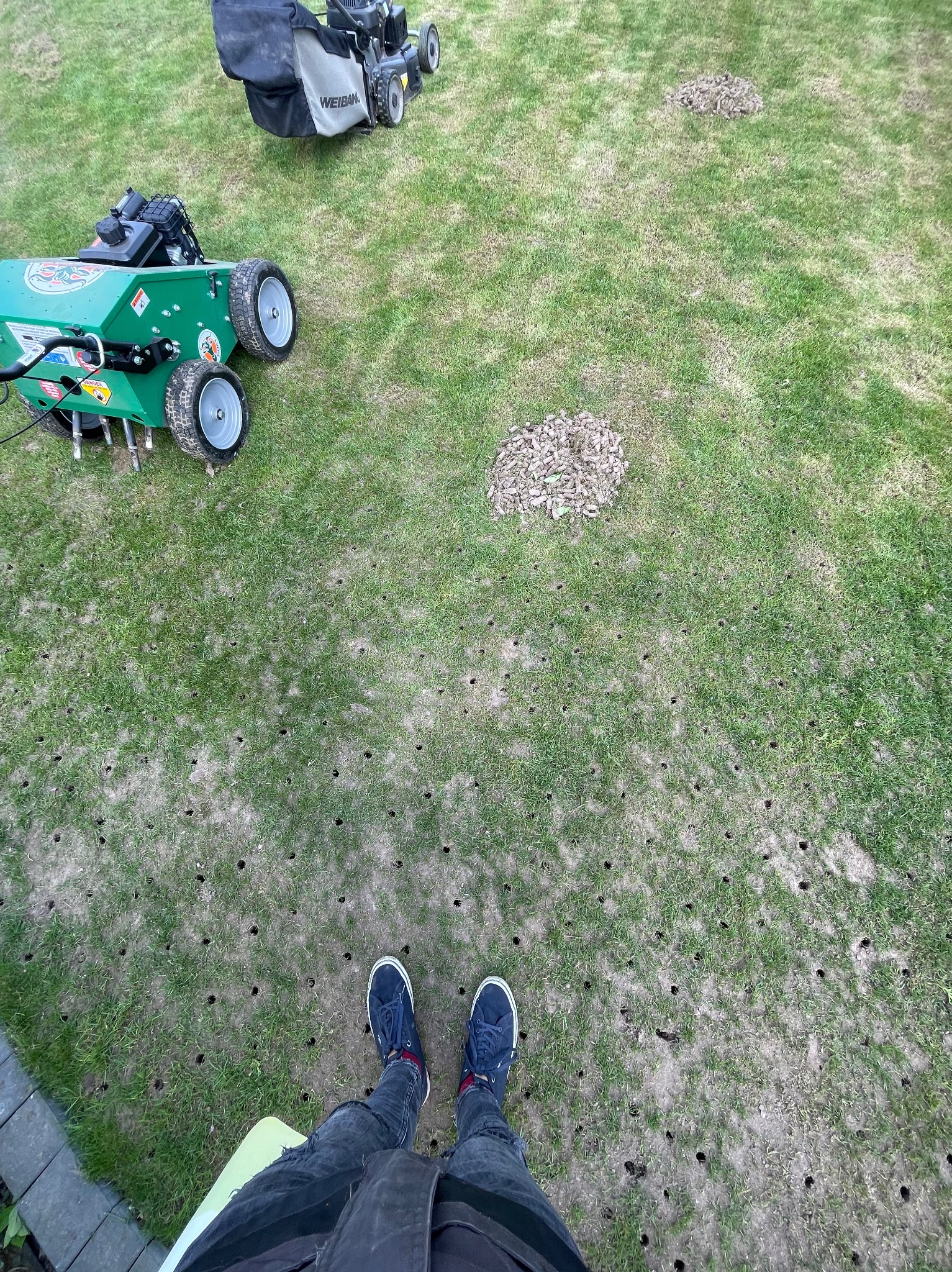 Aeracja trawnika z widocznymi otworami i wyciągniętymi korkami ziemi, dwie kosiarki w tle, ujęcie z góry na stopy osoby wykonującej prace.