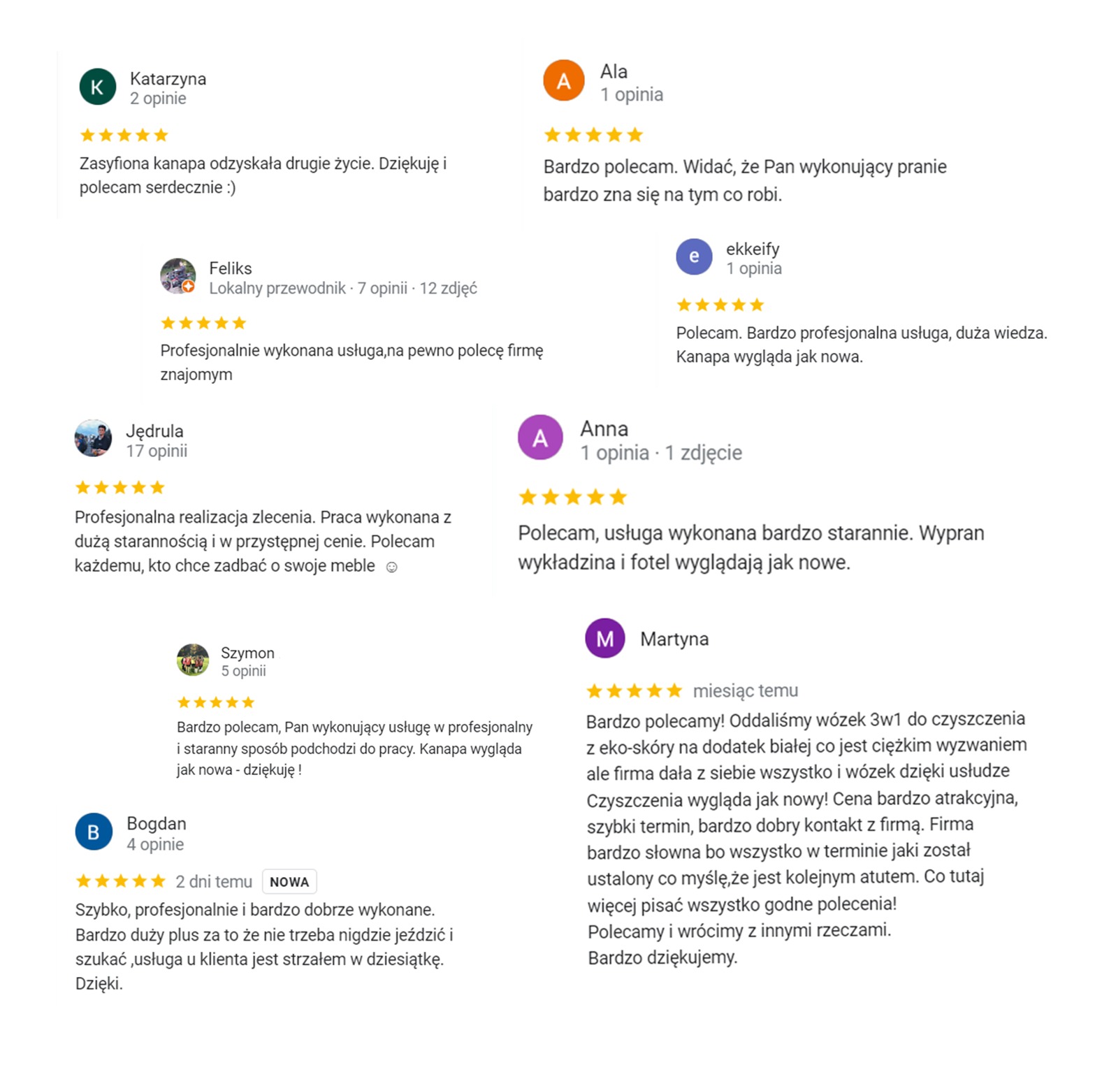 Zrzut ekranu z opiniami klientów o usłudze czyszczenia mebli tapicerowanych i dywanów, podkreślających profesjonalizm, staranność i efektywność wykonanej pracy.