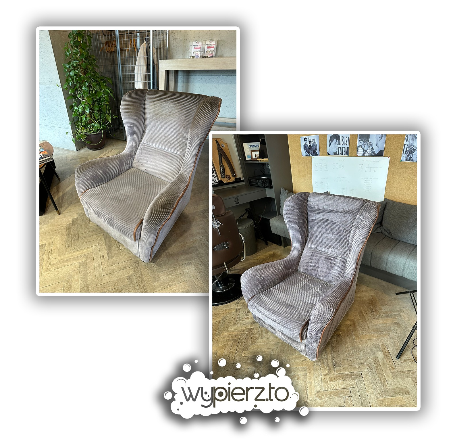 Dwa ujęcia tego samego fotela typu uszak z szarej, prążkowanej tkaniny, pokazujące różnicę w wyglądzie przed i po czyszczeniu. Na fotelu widoczne jaśniejsze plamy po czyszczeniu.