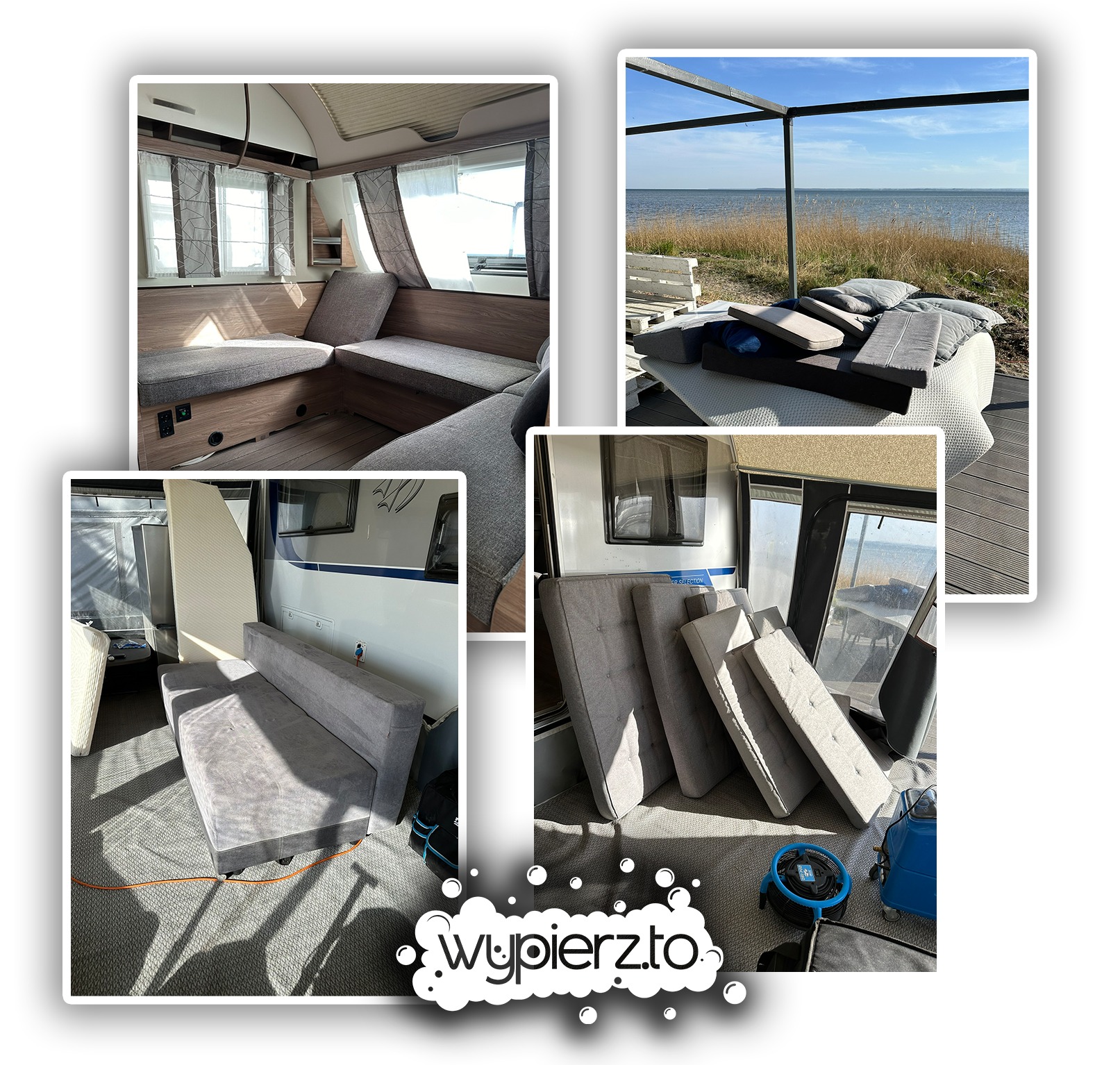 Kolaż zdjęć z wnętrza kampera: wyczyszczone szare tapicerowane siedziska wewnątrz, poduszki na zewnątrz na tarasie z widokiem na morze, wyjęta kanapa na dywanie, oraz wyjęte poduszki z wentylatorem...