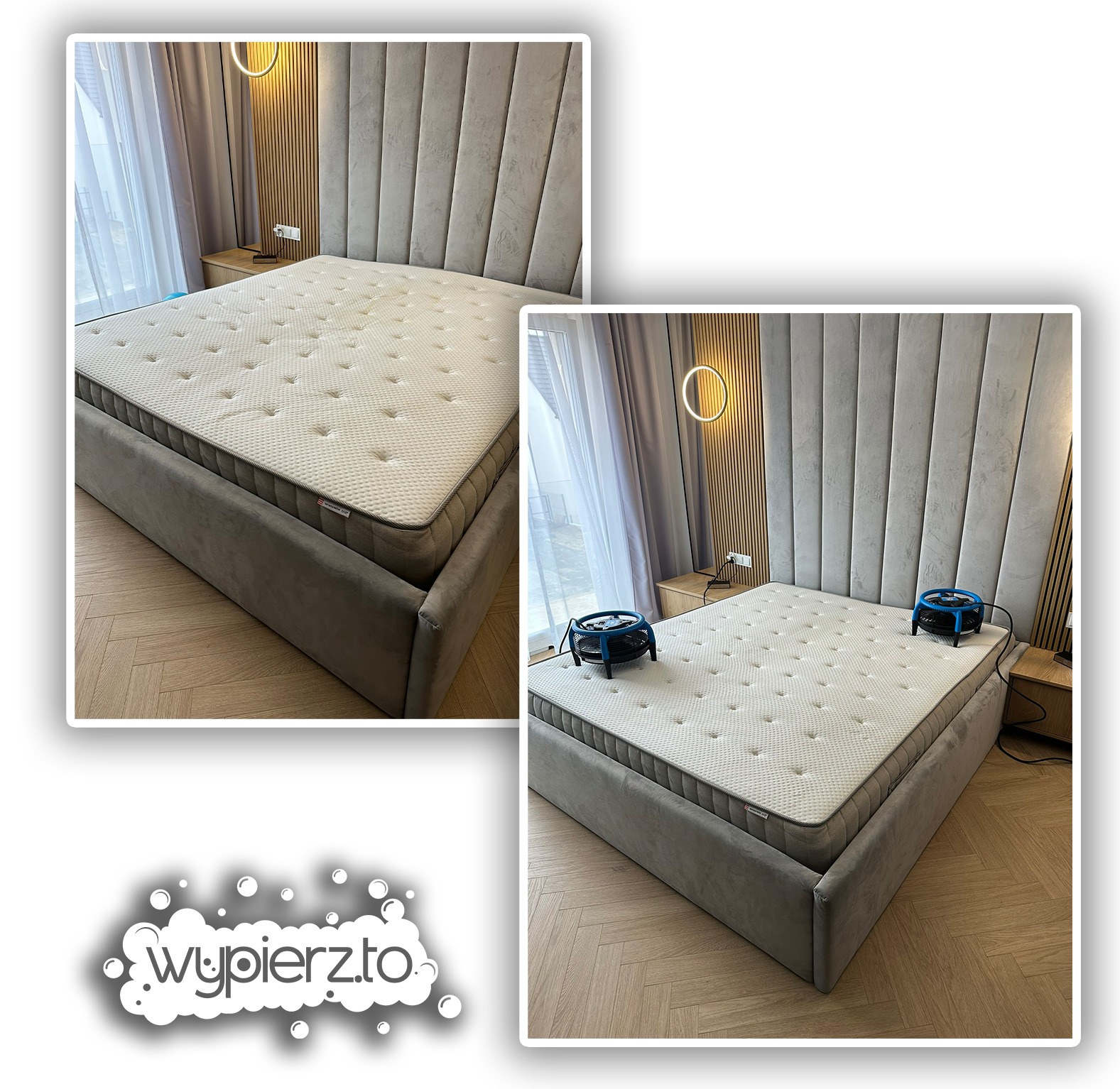 Dwa ujęcia materaca na łóżku: przed i po użyciu małych, niebieskich wentylatorów do suszenia, z logo firmy w lewym dolnym rogu.