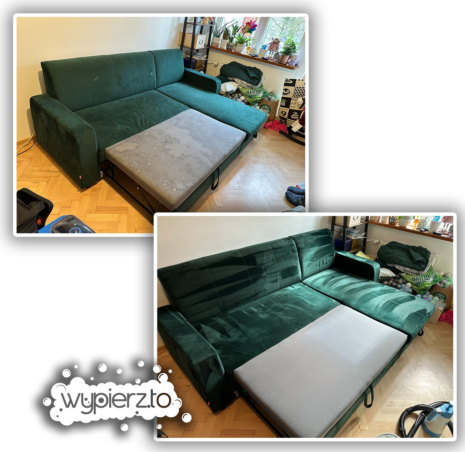 Dwa ujęcia rozłożonej, zielonej kanapy z wysuniętym, szarym materacem. Na jednym ujęciu materac przed czyszczeniem, z widocznymi plamami, na drugim po czyszczeniu. Widoczne ślady czyszczenia...