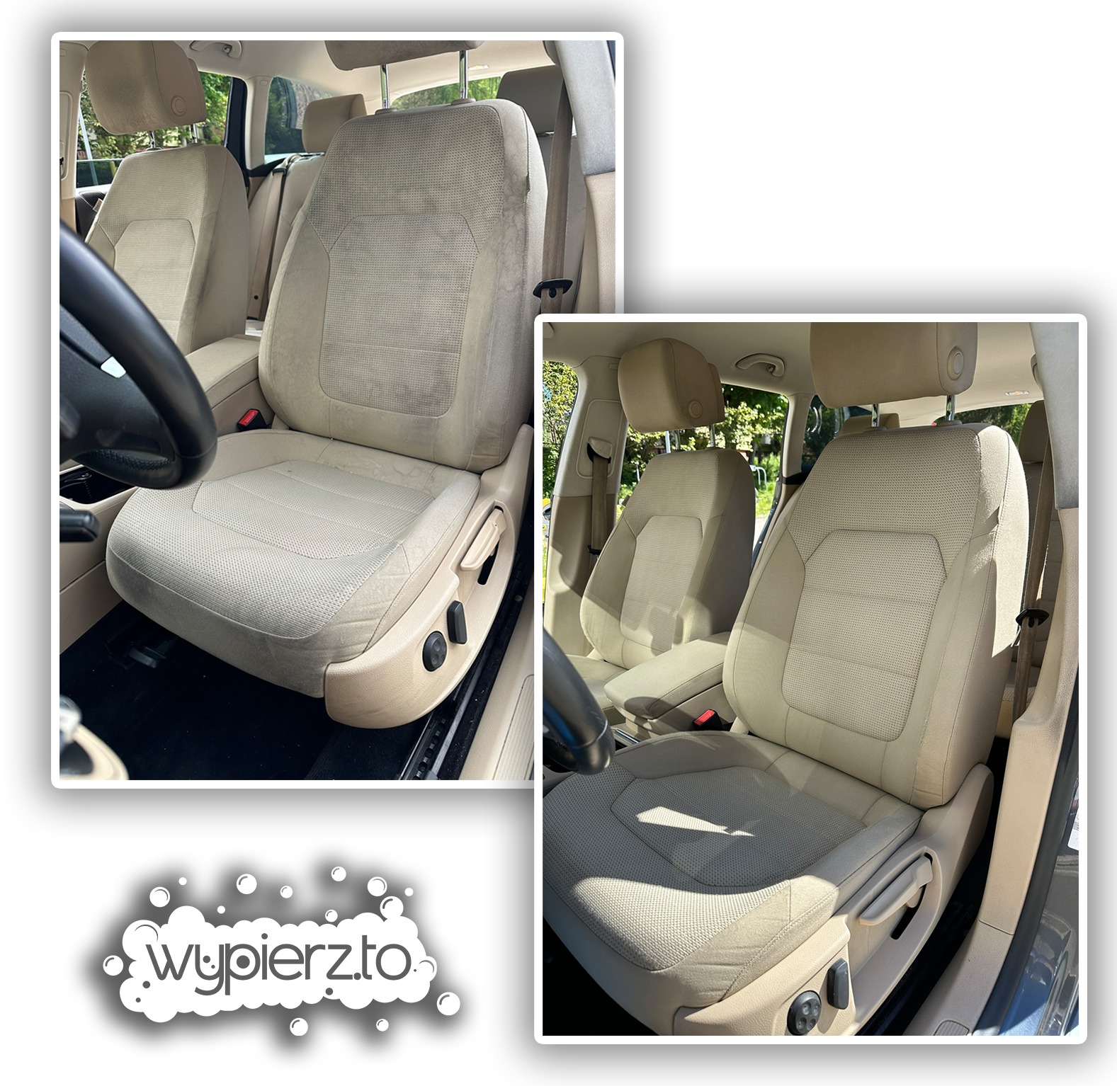 Fotografia kolażu przedstawia fotel samochodowy przed i po czyszczeniu, z widoczną różnicą w czystości tapicerki. W lewym górnym rogu fotel z wyraźnymi plamami, natomiast w prawym dolnym rogu ten...