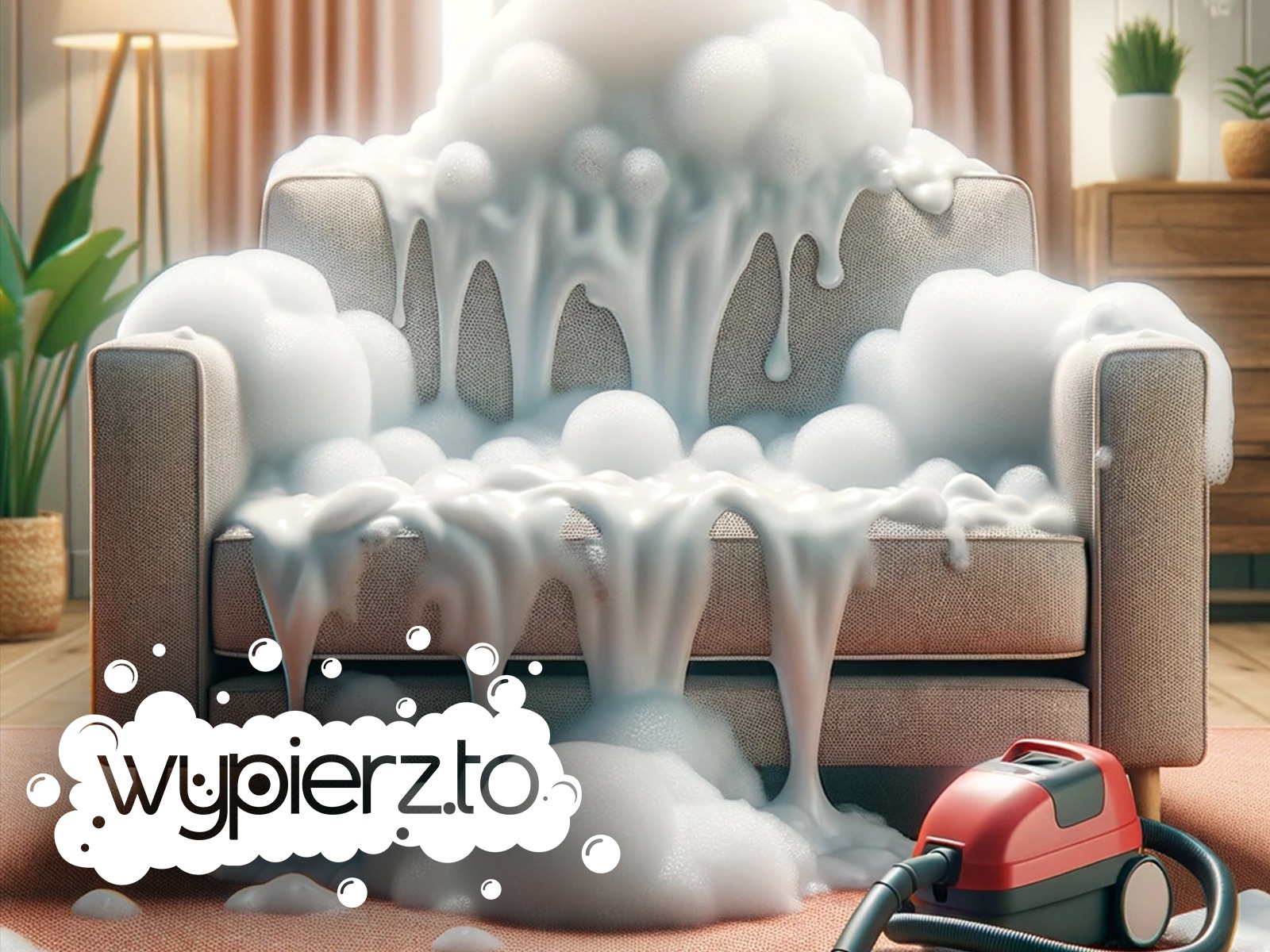 Beżowy fotel obficie pokryty pianą czyszczącą, z widocznym odkurzaczem piorącym i napisem 'wypierz.to' w formie logo z bąbelkami.