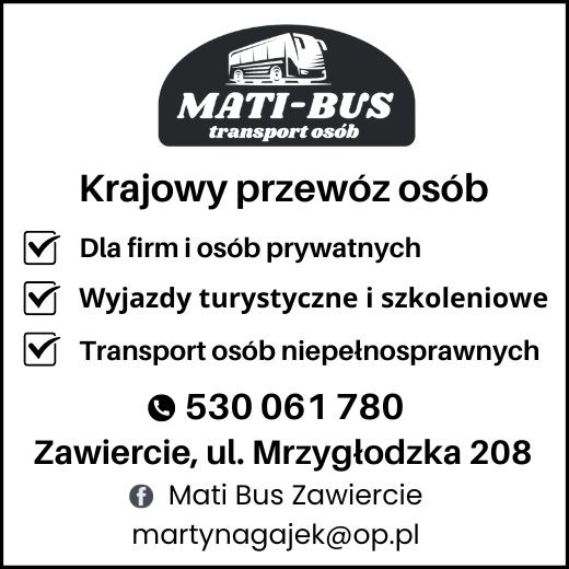Logo firmy Mati-Bus oferującej krajowy przewóz osób, wyjazdy turystyczne i szkoleniowe, oraz transport osób niepełnosprawnych. Kontakt: Zawiercie, ul. Mrzygłodzka 208, telefon 530 061 780.