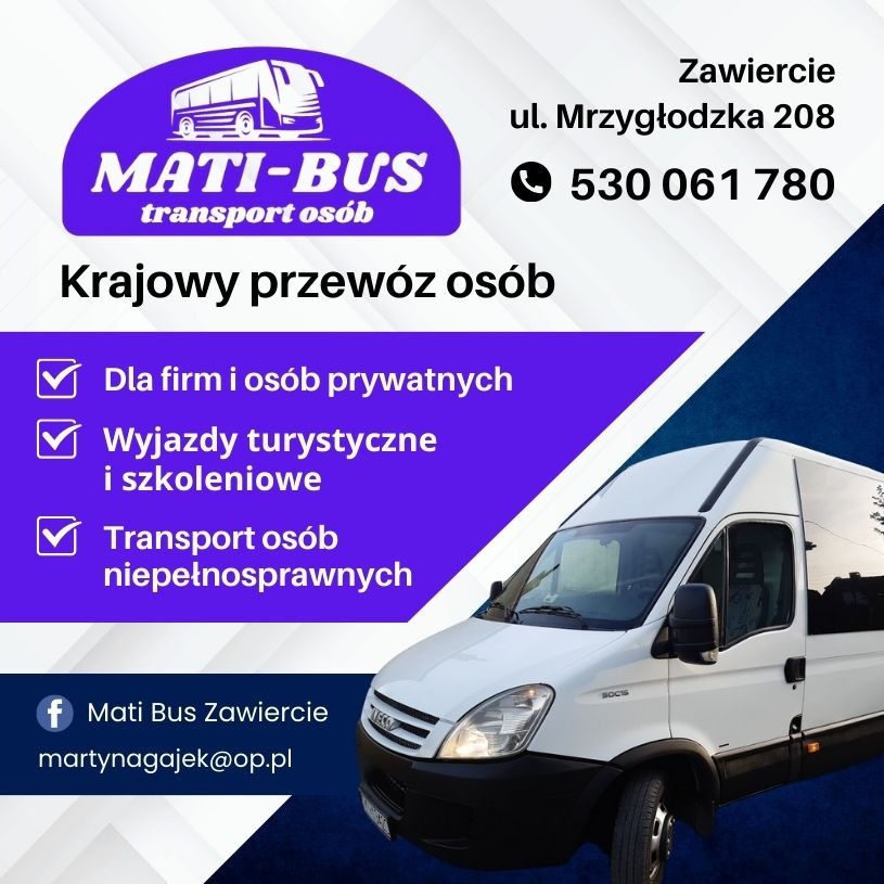 Grafika reklamowa firmy Mati-Bus z Zawiercia oferującej krajowy przewóz osób, w tym transport osób niepełnosprawnych, wyjazdy turystyczne i szkoleniowe, z widocznym białym busem na tle...