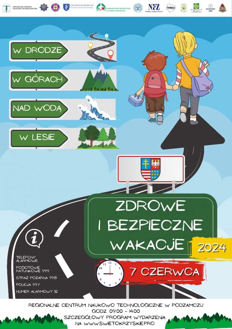 Ilustracja promująca zdrowe i bezpieczne wakacje 2024, przedstawiająca dzieci idące drogą, z drogowskazami wskazującymi różne kierunki podróży: w drogę, w góry, nad wodę, w lesie.