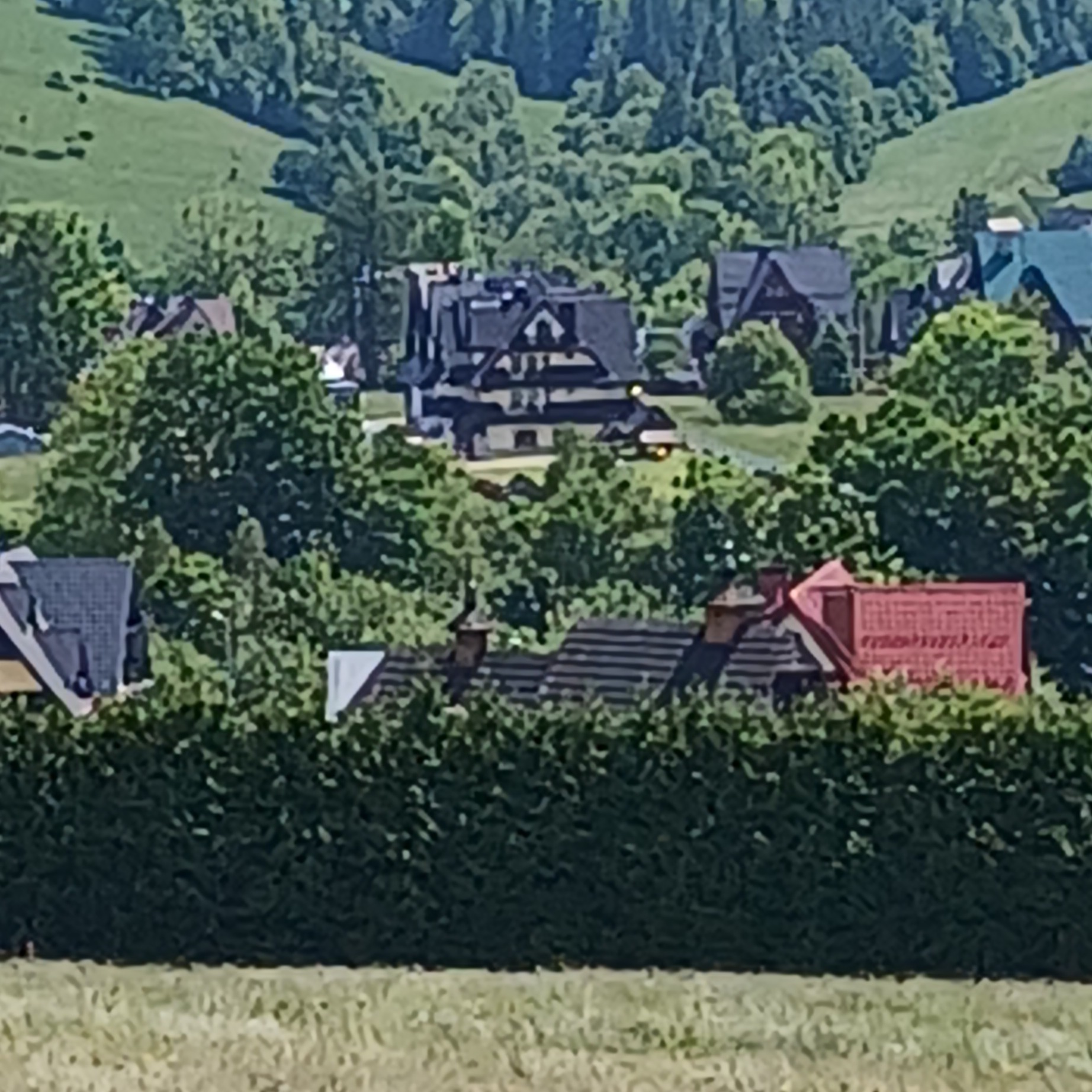 Panorama miejscowości górskiej z widokiem na domy z czerwonymi dachami, otoczone zielenią drzew i wzgórz