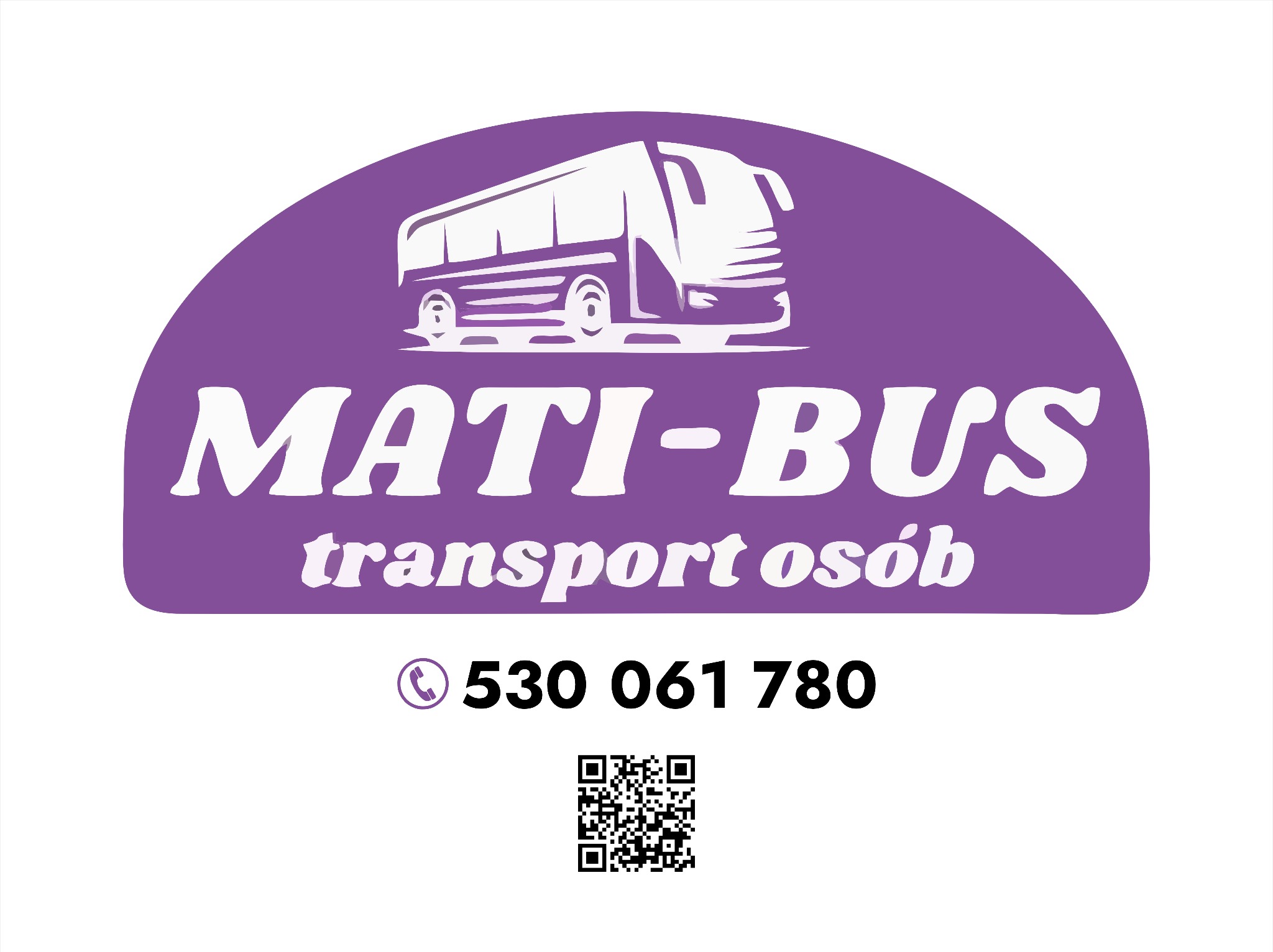 Logo firmy Mati-Bus: biały autobus na fioletowym tle, nazwa 'MATI-BUS transport osób', numer telefonu i kod QR na białym tle.
