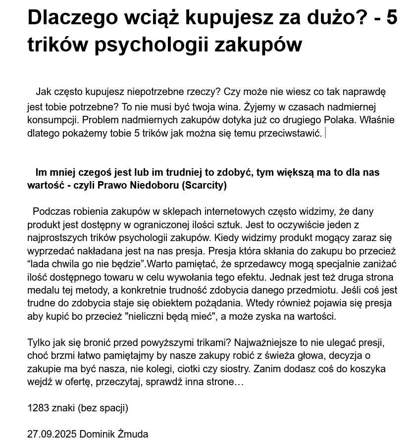 Przykładowy artykuł na dobre promowanie przez Google
