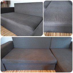 Pucuś pranie tapicerki i dywanów Patryk Zdrzalik - Szara, rozkładana kanapa z widocznymi plamami na siedzisku oraz wystrzępionym materiałem na boku oparcia, ustawiona na parkiecie.