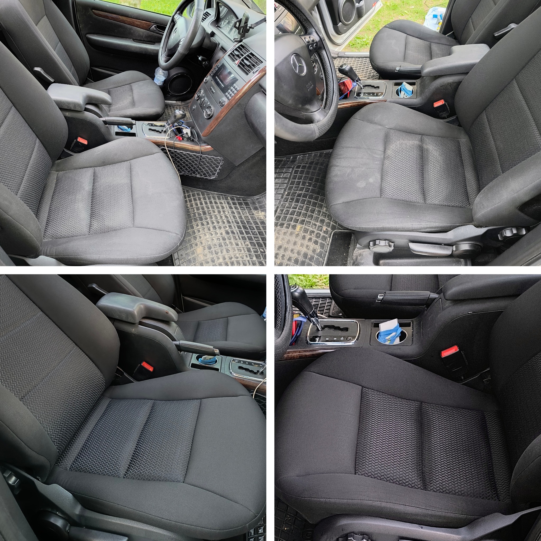 Cztery ujęcia wnętrza samochodu przed i po czyszczeniu tapicerki, widoczne czarne fotele materiałowe z wyraźnym wzorem, brudne dywaniki gumowe i detale deski rozdzielczej.