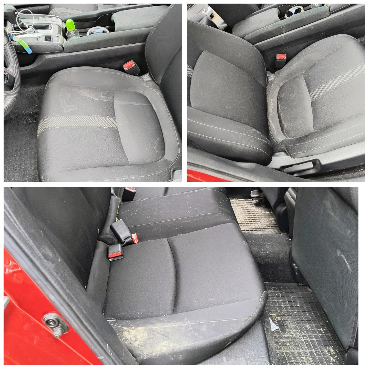 Tapicerka samochodowa przed praniem: widoczne plamy, sierść i zabrudzenia na siedzeniach przednich i tylnych w czerwonym aucie.