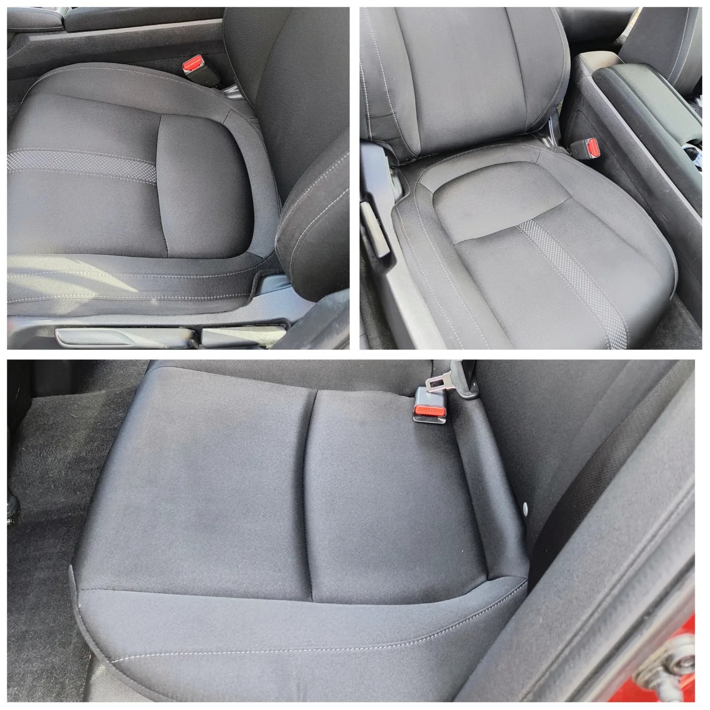 Kompozycja trzech ujęć czarnych, materiałowych siedzeń samochodowych z widocznymi pasami bezpieczeństwa i elementami regulacji.