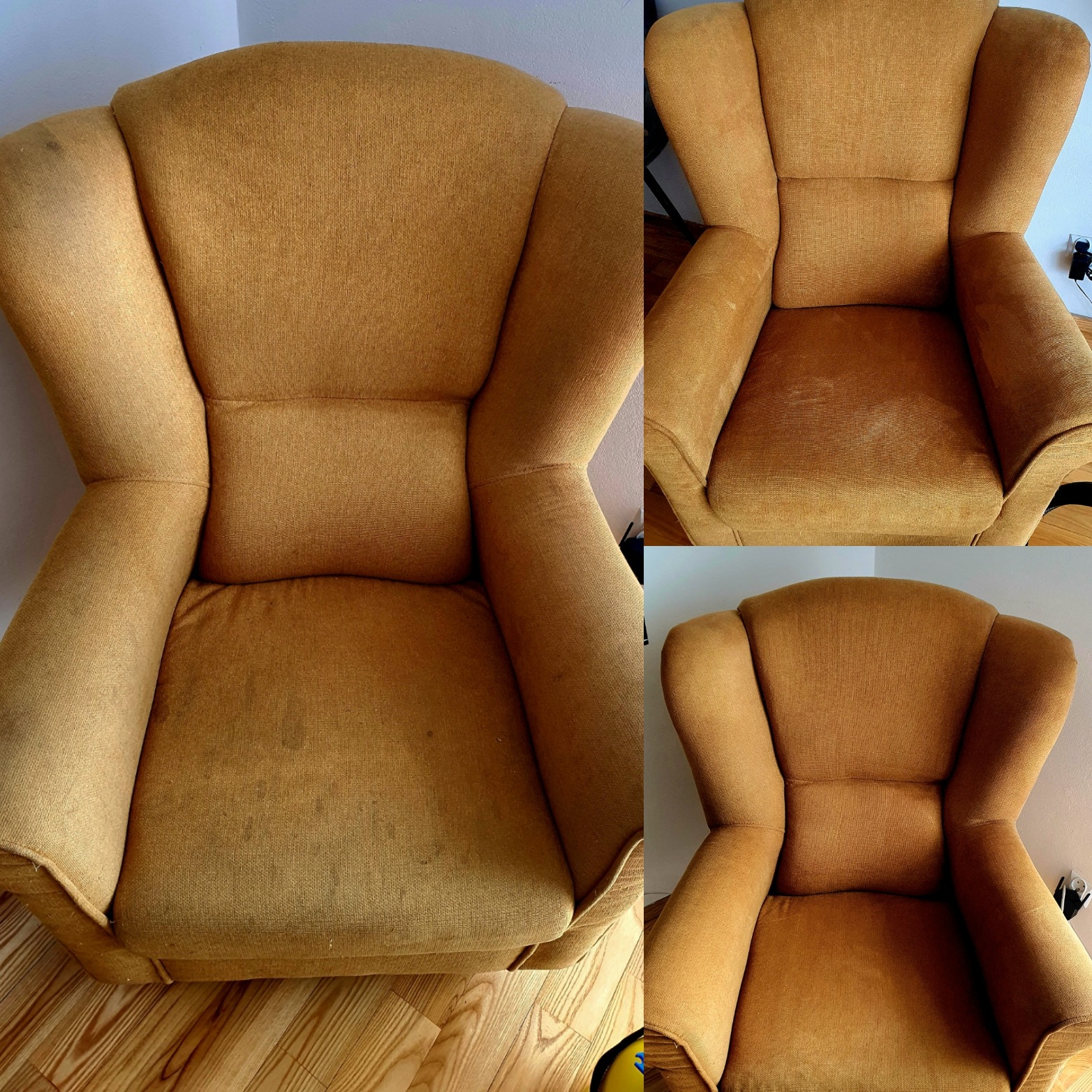 Kolaż przedstawia fotel tapicerowany w odcieniach brązu przed i po czyszczeniu, widoczne plamy i zabrudzenia na tkaninie przed zabiegiem.