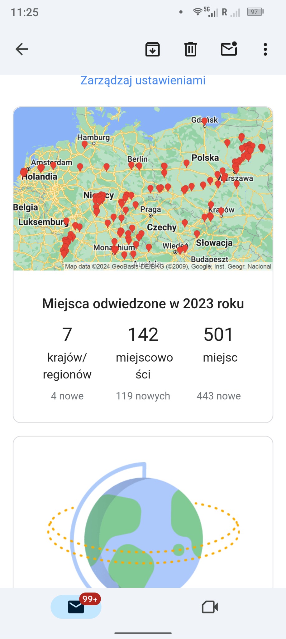 Mapa Europy z zaznaczonymi czerwonymi punktami w miastach, informacja o 7 odwiedzonych krajach/regionach, 142 miejscowościach i 501 miejscach w 2023 roku.