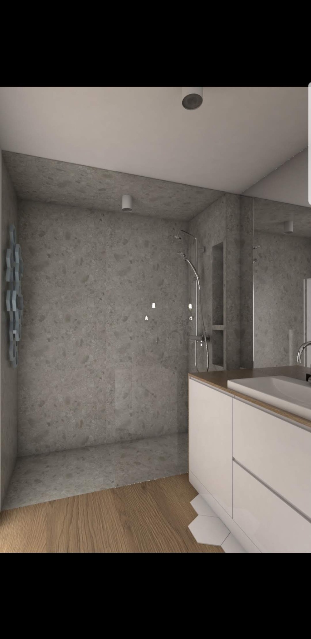 Wizualizacja łazienki z kabiną prysznicową wykończoną szarym gresem, drewnianą podłogą i białą szafką pod umywalką z lustrem.