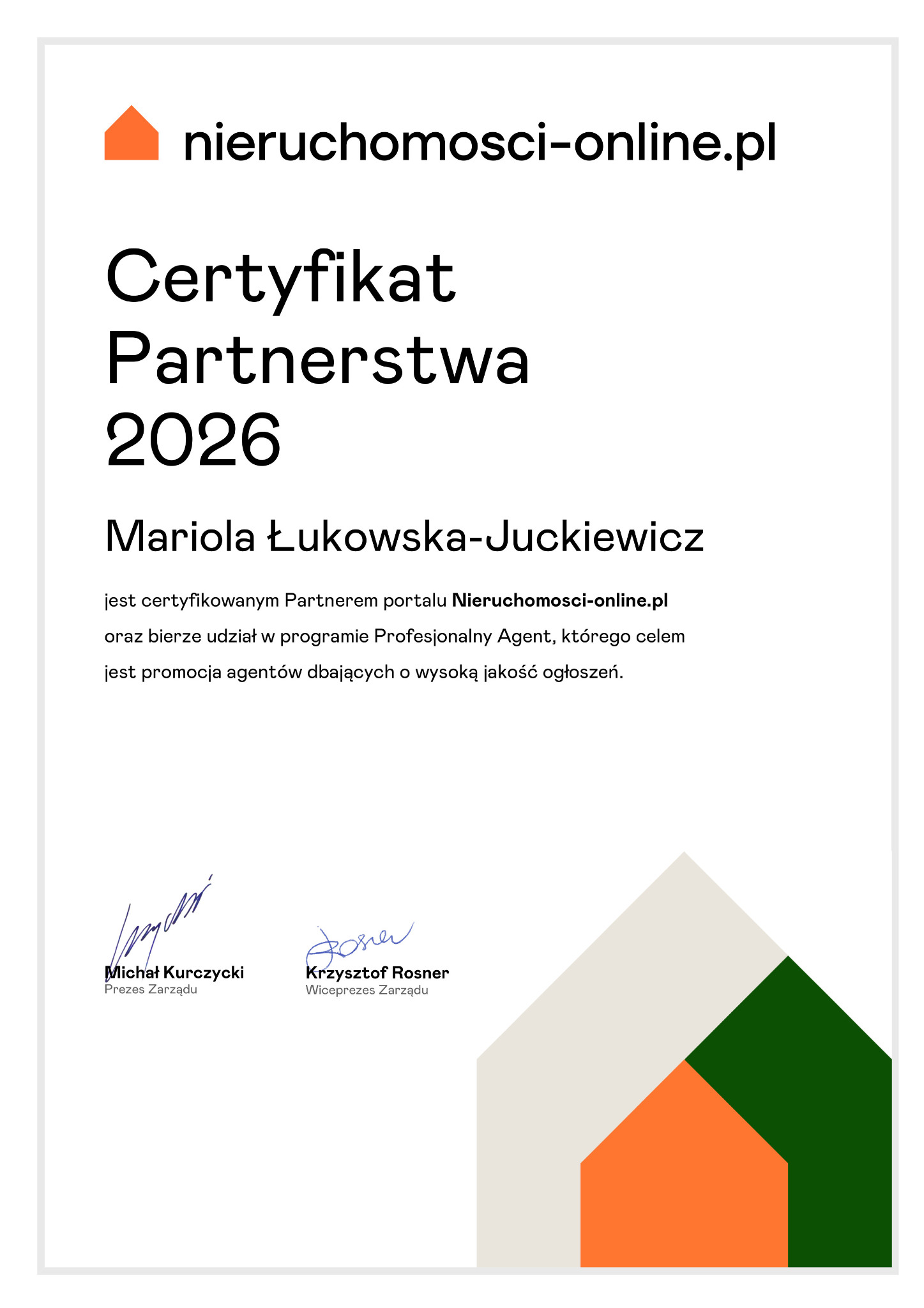 Certyfikat Partnerstwa 2026 dla Marioli Łukowskiej-Juckiewicz od Nieruchomosci-online.pl, potwierdzający udział w programie Profesjonalny Agent.