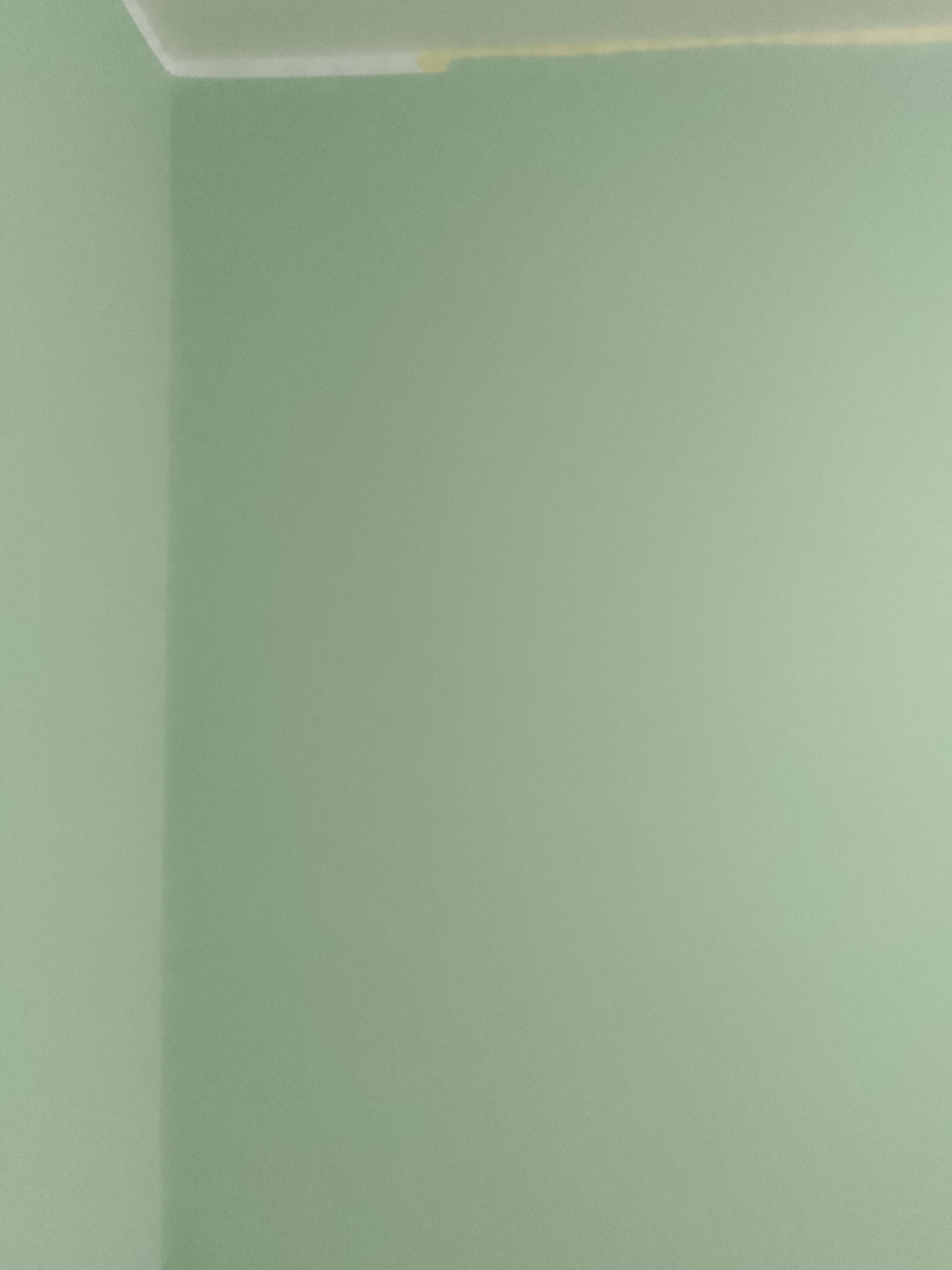 Świeżo pomalowany róg pokoju na delikatny, pistacjowy odcień zieleni, z widoczną białą listwą sufitową i delikatnym cieniem na ścianie.