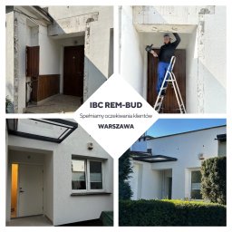 Wymiana drzwi, usunięcie powłok, tynkowanie barankiem, zawieszenie daszka. 