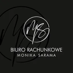 Logo biura rachunkowego Monika Sarama na ciemnoszarym tle, z inicjałami MS w białym okręgu i napisem 'BIURO RACHUNKOWE MONIKA SARAMA' poniżej.