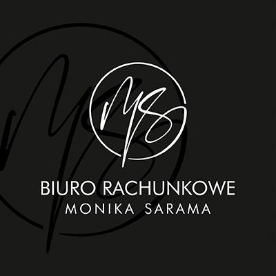 Logo biura rachunkowego Monika Sarama na ciemnoszarym tle, z inicjałami MS w białym okręgu i napisem 'BIURO RACHUNKOWE MONIKA SARAMA' poniżej.