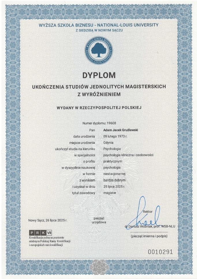 Dyplom ukończenia studiów magisterskich z psychologii klinicznej i osobowości, wydany przez Wyższą Szkołę Biznesu - National-Louis University.
