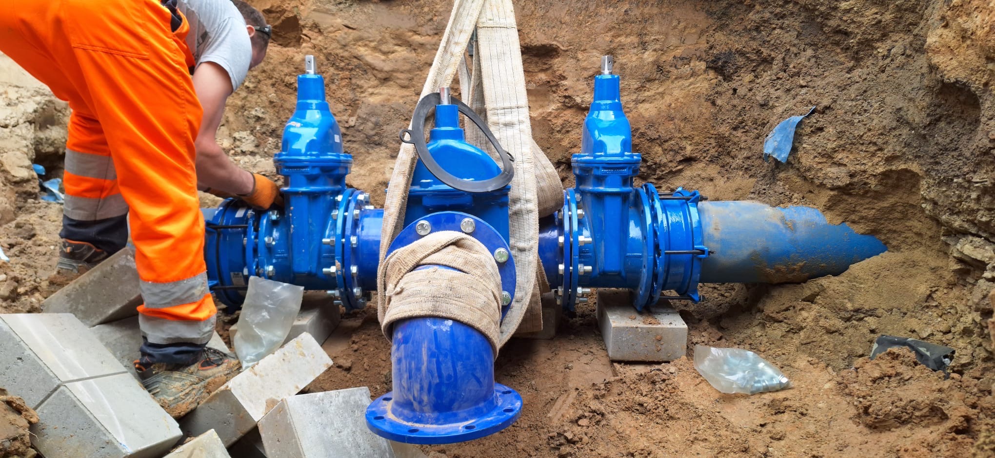Instalacja wodociągowa z niebieskimi zaworami w wykopie, zabezpieczona pasami transportowymi, monter w pomarańczowych spodniach roboczych przyłącza element. Widoczne cegły i narzędzia.