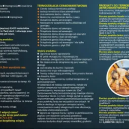 Prezentacja termoizolacyjnych powłok cienkowarstwowych, w tym produktów do fasad, wnętrz, betonu, drewna, bitumu i metalu, z opisem ich zalet i zastosowań.